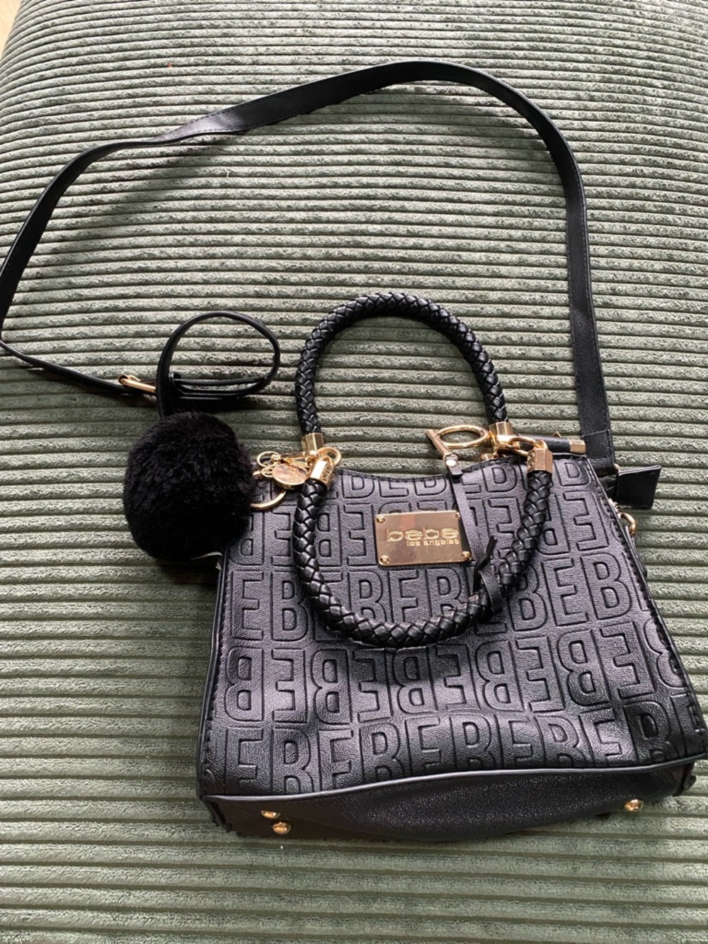 bebe Black Embossed Logo Satchel with Pom Charm